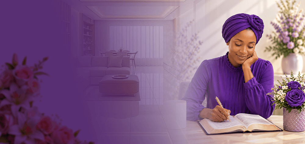 A woman in a purple headwrap writing in her Bible beside vases of purple flowers